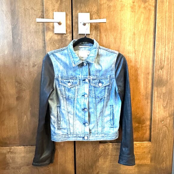 RAG & BONE DENIM JACKET WITH LEATHER SLEEVES MEDIUM - Picture 1 of 3